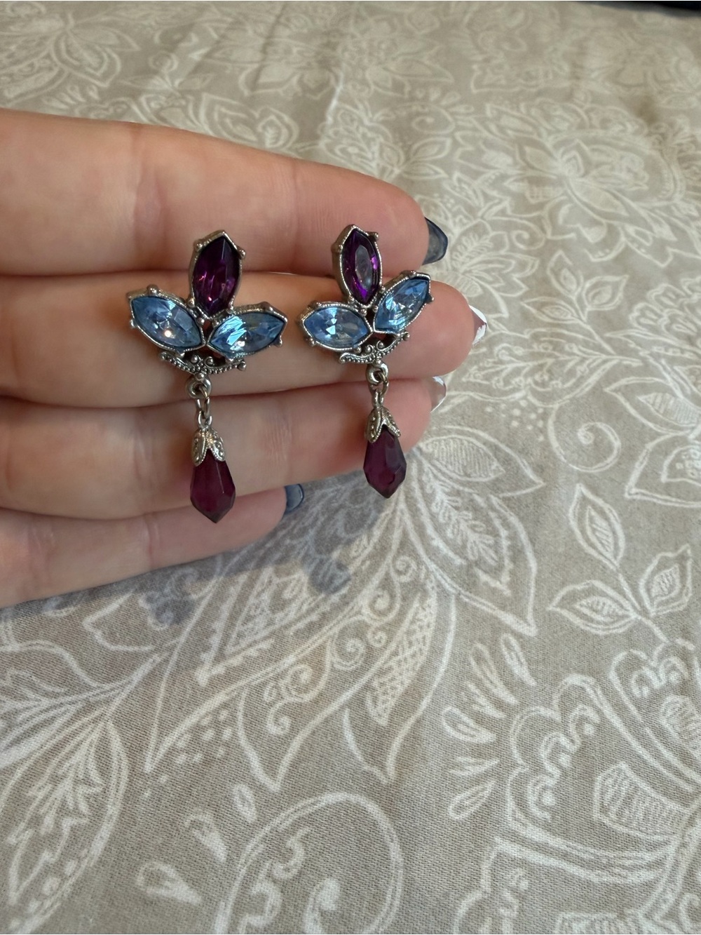 Vintage-Inspired Purple and Blue Crystal Drop Earrings from an antique store